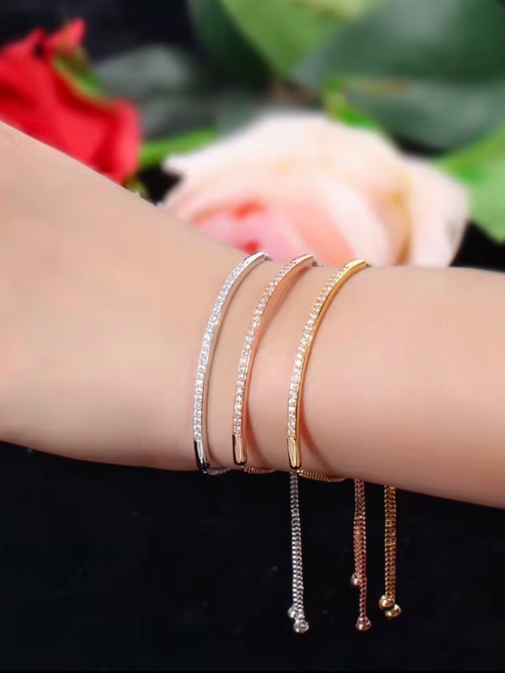 Elegant Crystal Sliding Bangle Bracelet - Gold, Rose Gold, Silver
